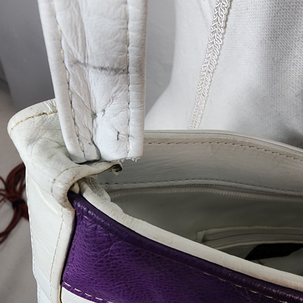 Vintage Striped Leather Shoulder Bag Multi Color Rainbow White Boho 90s USA - Picture 7 of 14